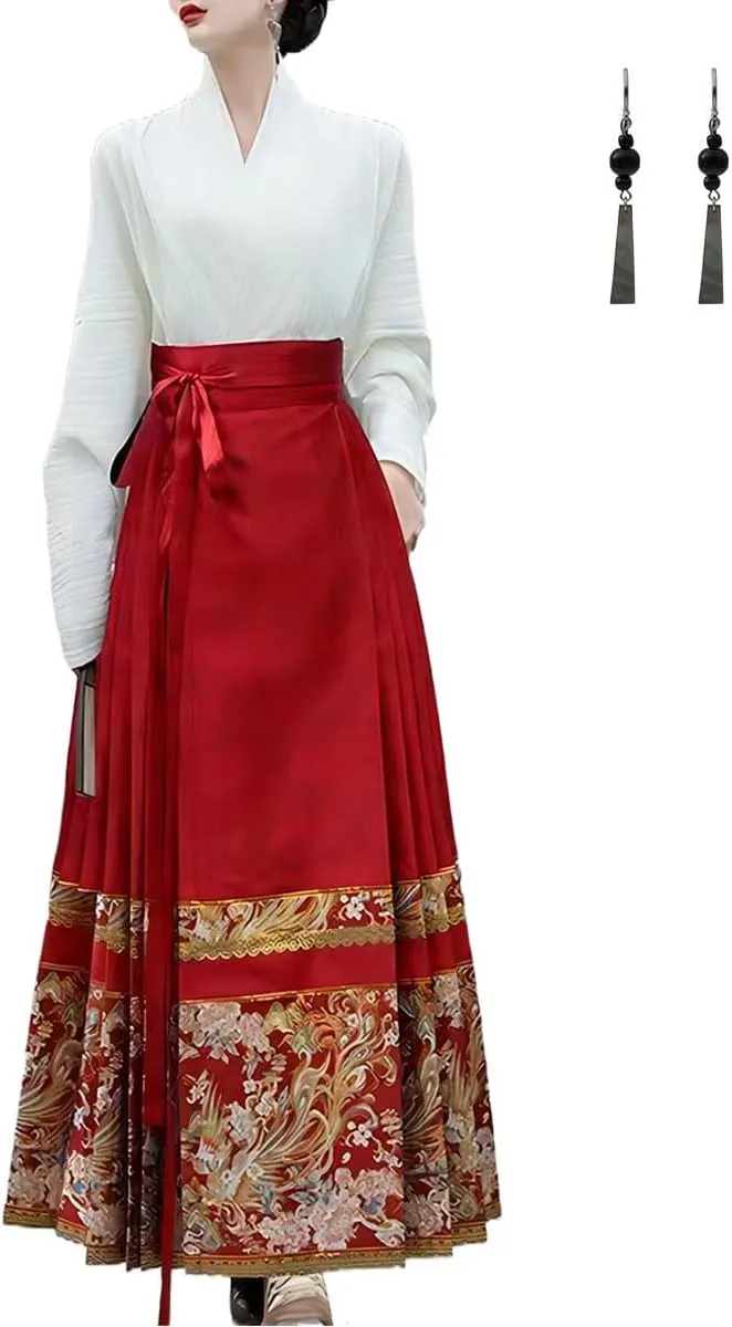 Women's Horse Face Skirt Vintage Tie A-line Print Swing Pleated Skirts Chinese Traditional Ming Dynasty Hanfu Clothing