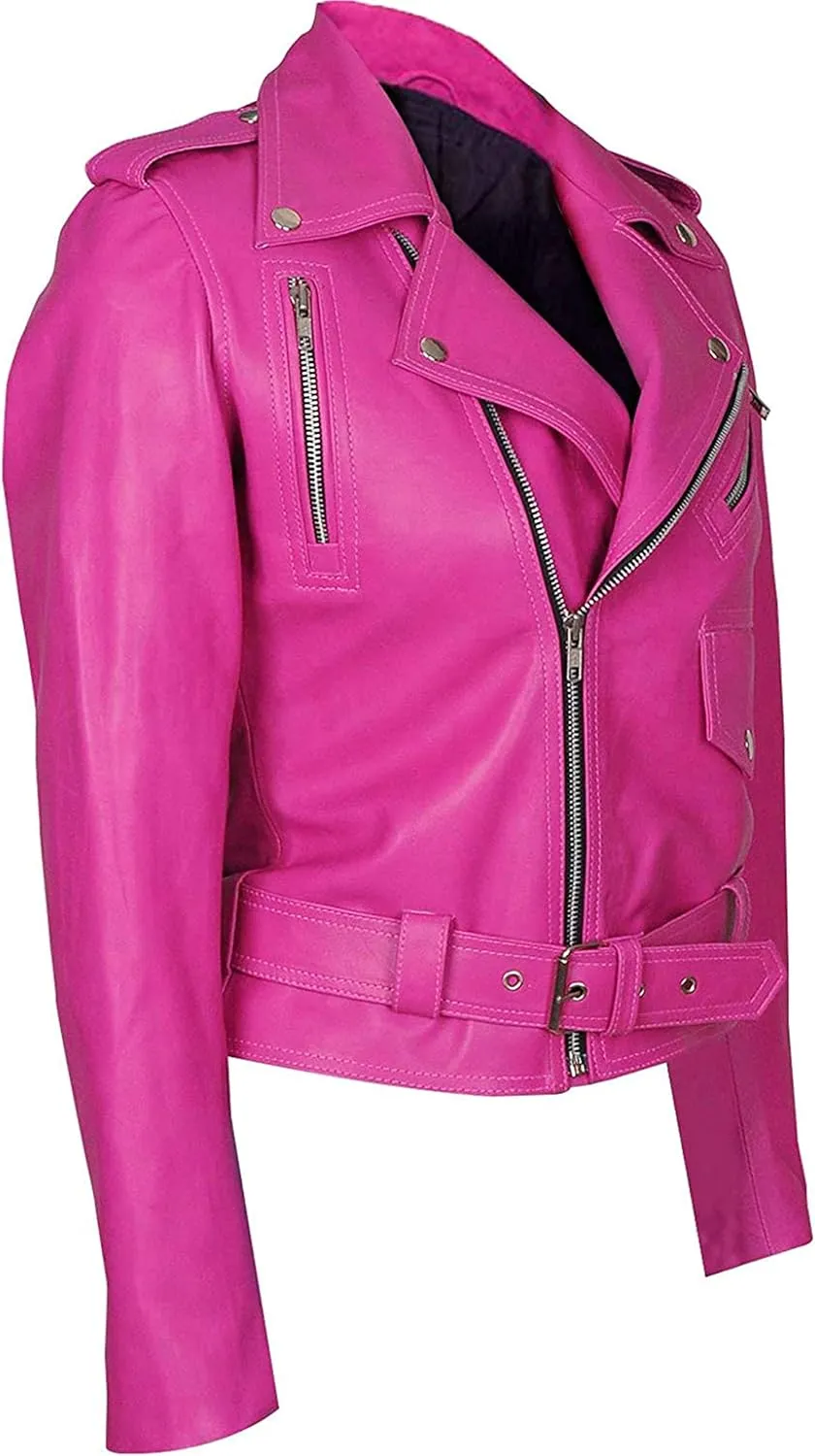 Women's Hot Pink Leather Jacket - Casual Fashion Cute Pink Lambskin Leather Jacket for Women