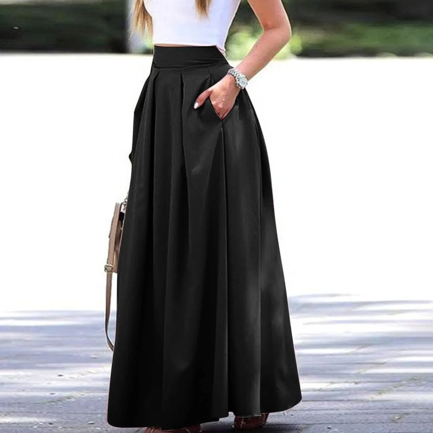 Women's Large Solid Color Pocket High Waist Ol Half Skirt Pleated Skirt Maternity Skirt