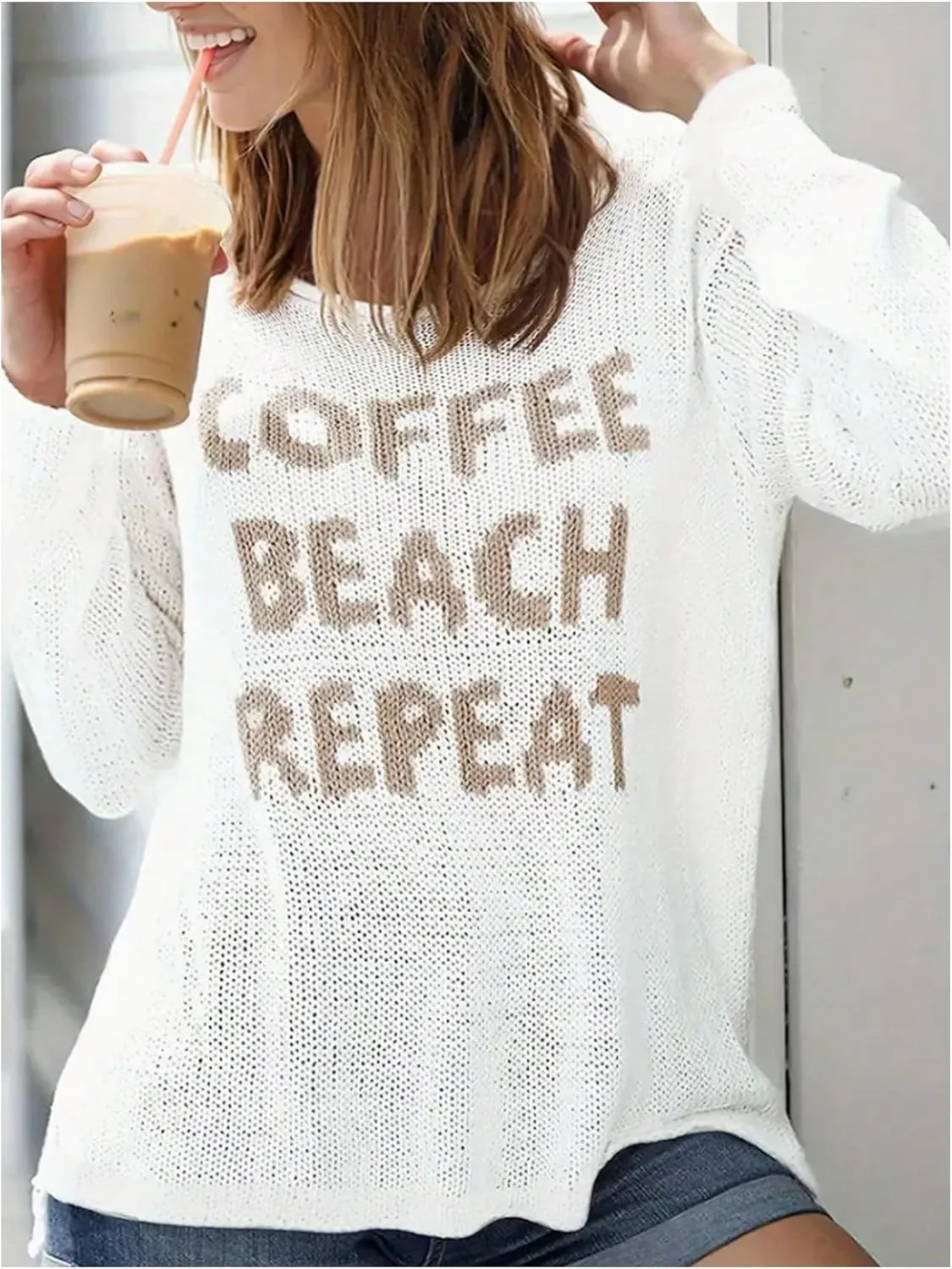 Women's Letter Lightweight Sweater Tops Crewneck Long Sleeve Split Knit Pullover Summer Tops