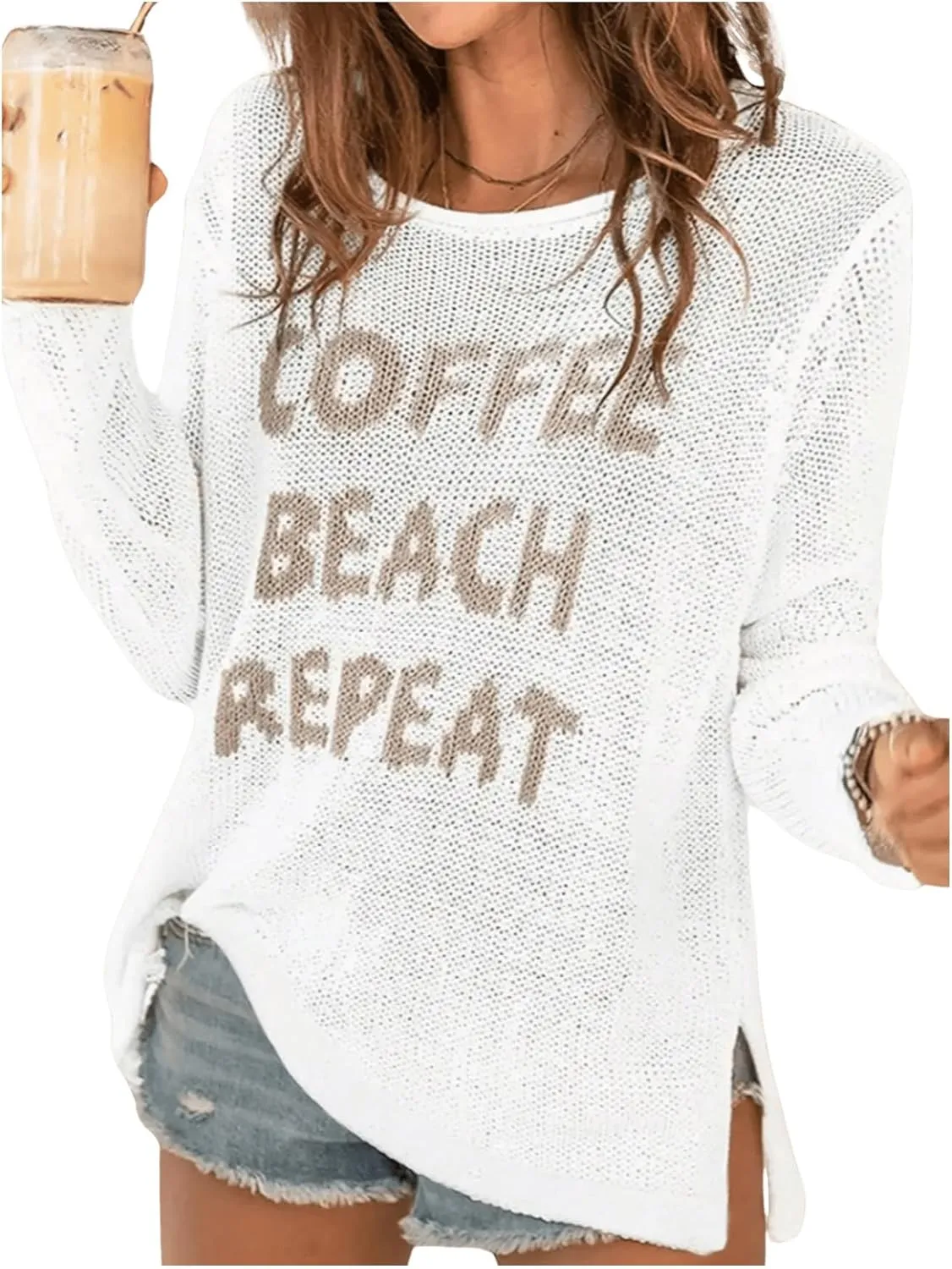 Women's Letter Lightweight Sweater Tops Crewneck Long Sleeve Split Knit Pullover Summer Tops