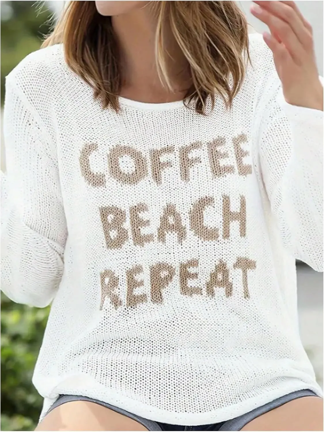 Women's Letter Lightweight Sweater Tops Crewneck Long Sleeve Split Knit Pullover Summer Tops