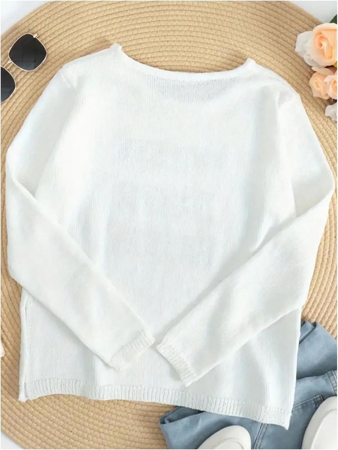 Women's Letter Lightweight Sweater Tops Crewneck Long Sleeve Split Knit Pullover Summer Tops