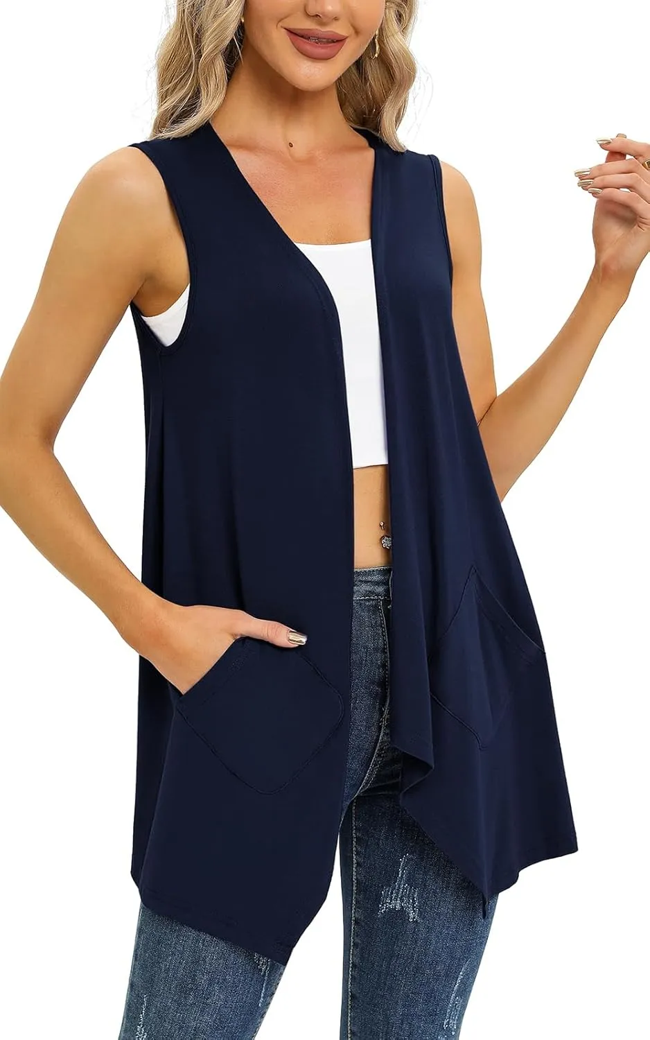 Women's Lightweight Cardigan Casual Soft Long Sleeve Floral Knit Cardigans with Pockets High Low Hem Draped Duster