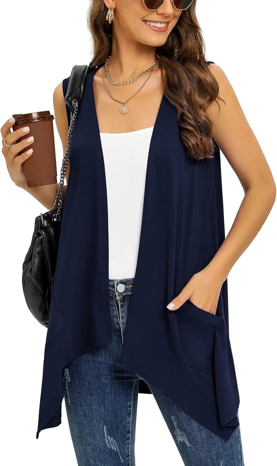 Women's Lightweight Cardigan Casual Soft Long Sleeve Floral Knit Cardigans with Pockets High Low Hem Draped Duster