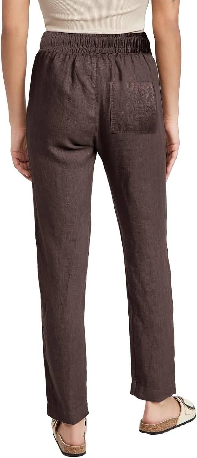 Women's Linen Casual Pants Summer Drawstring Straight Leg Trousers Lightweight Elastic Waist Cotton Pant with Pockets