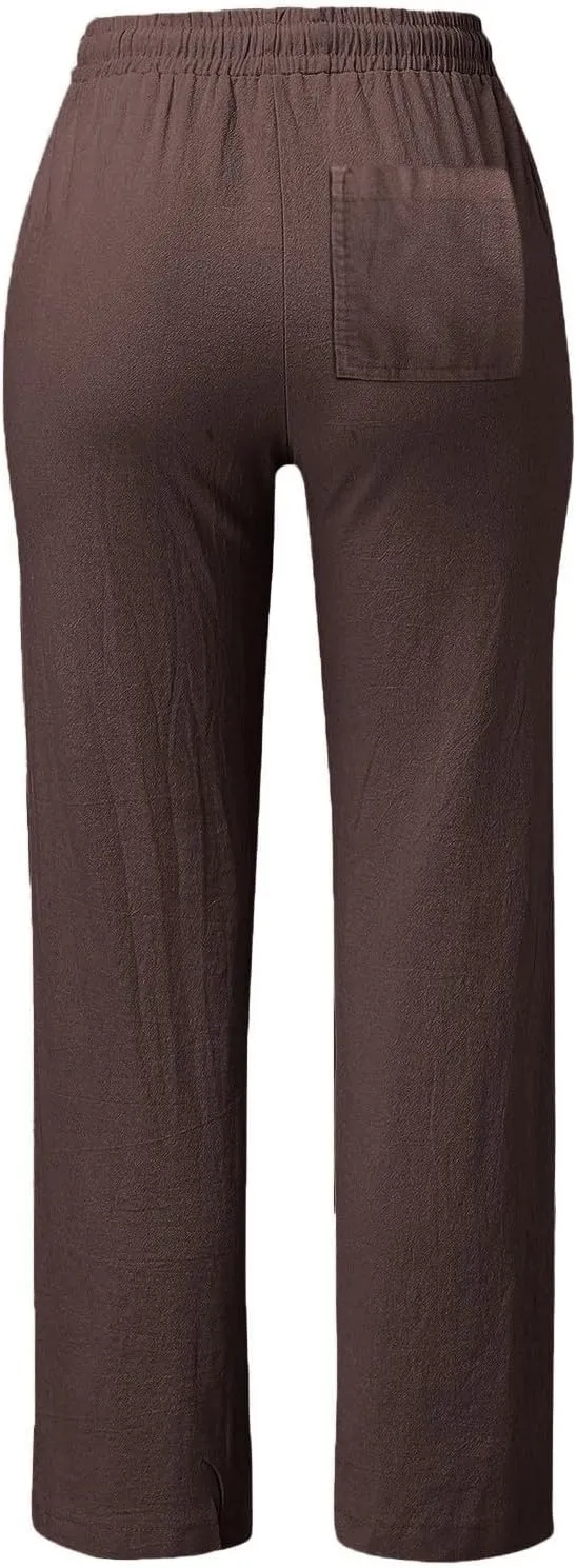 Women's Linen Casual Pants Summer Drawstring Straight Leg Trousers Lightweight Elastic Waist Cotton Pant with Pockets