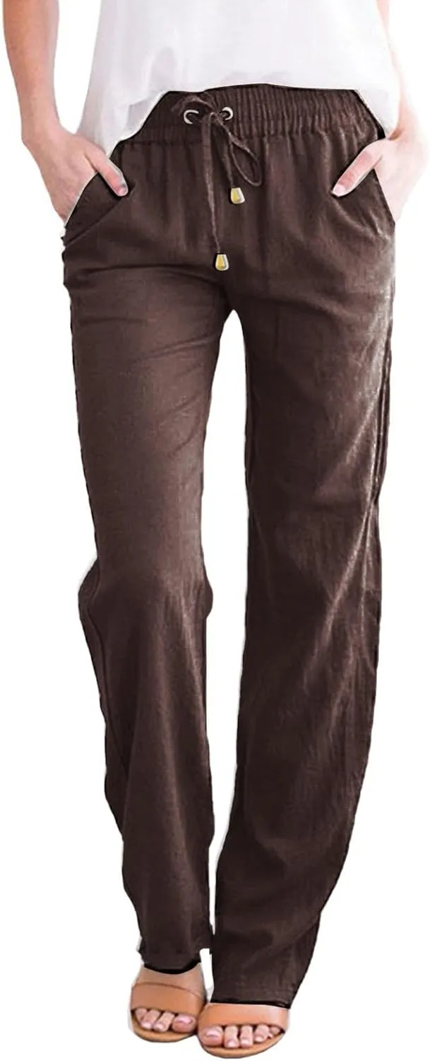 Women's Linen Casual Pants Summer Drawstring Straight Leg Trousers Lightweight Elastic Waist Cotton Pant with Pockets