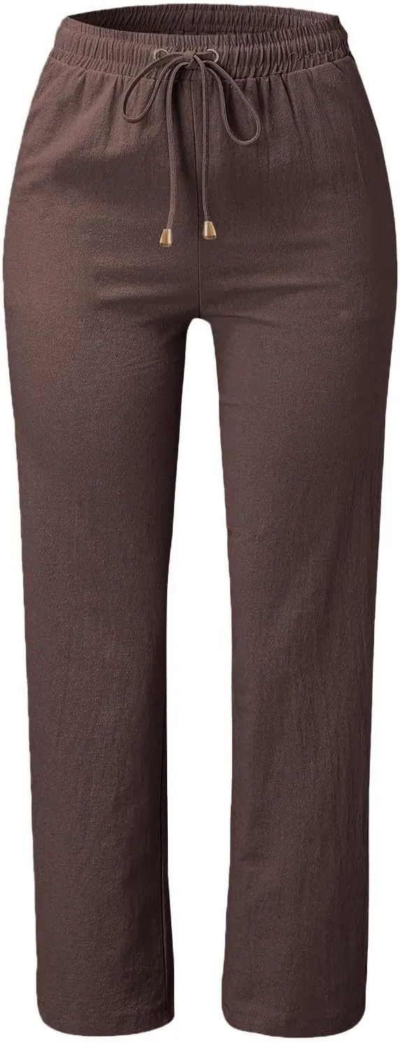 Women's Linen Casual Pants Summer Drawstring Straight Leg Trousers Lightweight Elastic Waist Cotton Pant with Pockets