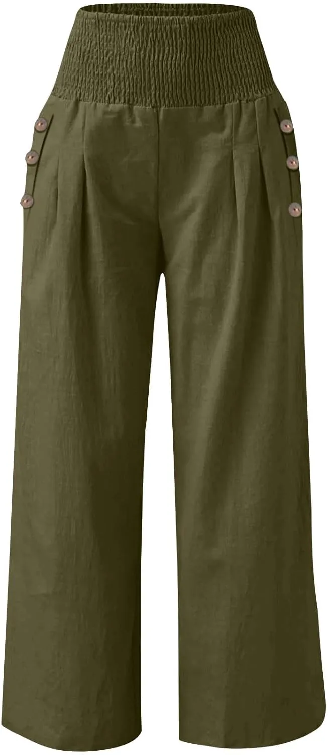 Women's Linen Palazzo Pants Casual Summer Smocked Waisted Wide Leg Pants Beach Vacation Lounge Trousers with Pockets