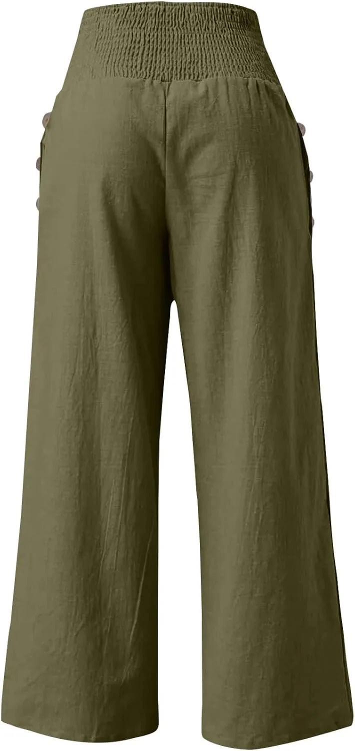 Women's Linen Palazzo Pants Casual Summer Smocked Waisted Wide Leg Pants Beach Vacation Lounge Trousers with Pockets