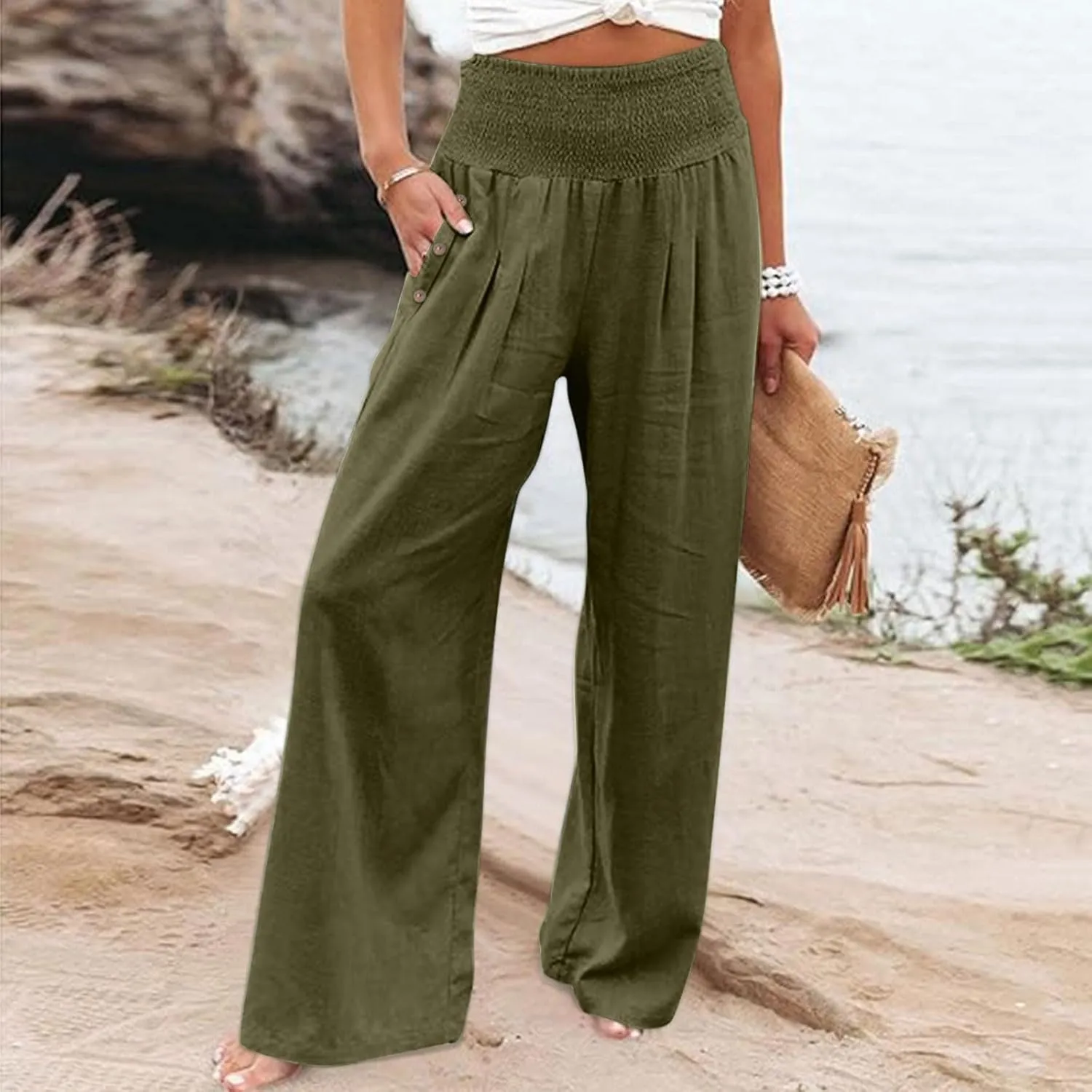 Women's Linen Palazzo Pants Casual Summer Smocked Waisted Wide Leg Pants Beach Vacation Lounge Trousers with Pockets