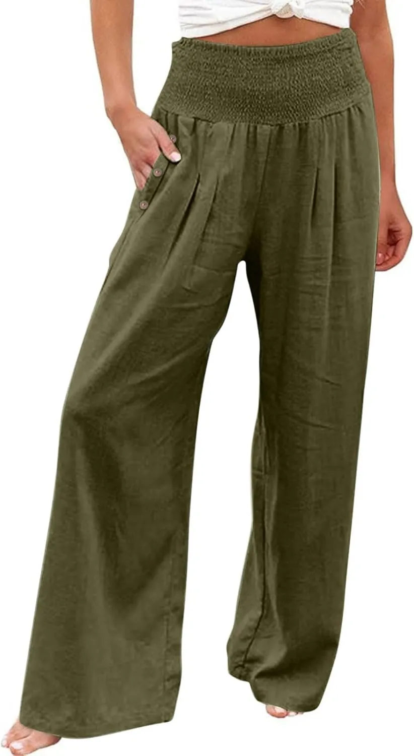 Women's Linen Palazzo Pants Casual Summer Smocked Waisted Wide Leg Pants Beach Vacation Lounge Trousers with Pockets