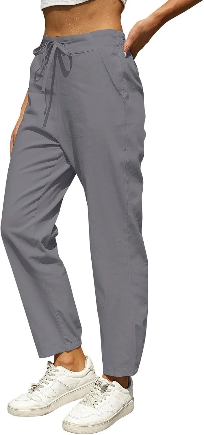 Womens Linen Pants Casual Summer High Waisted Drawstring Tapered Pants Baggy Sweatpants with Pockets Travel Trousers
