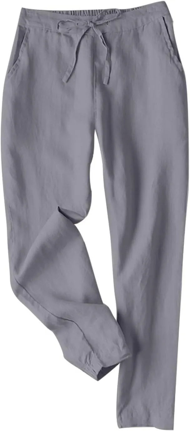 Womens Linen Pants Casual Summer High Waisted Drawstring Tapered Pants Baggy Sweatpants with Pockets Travel Trousers