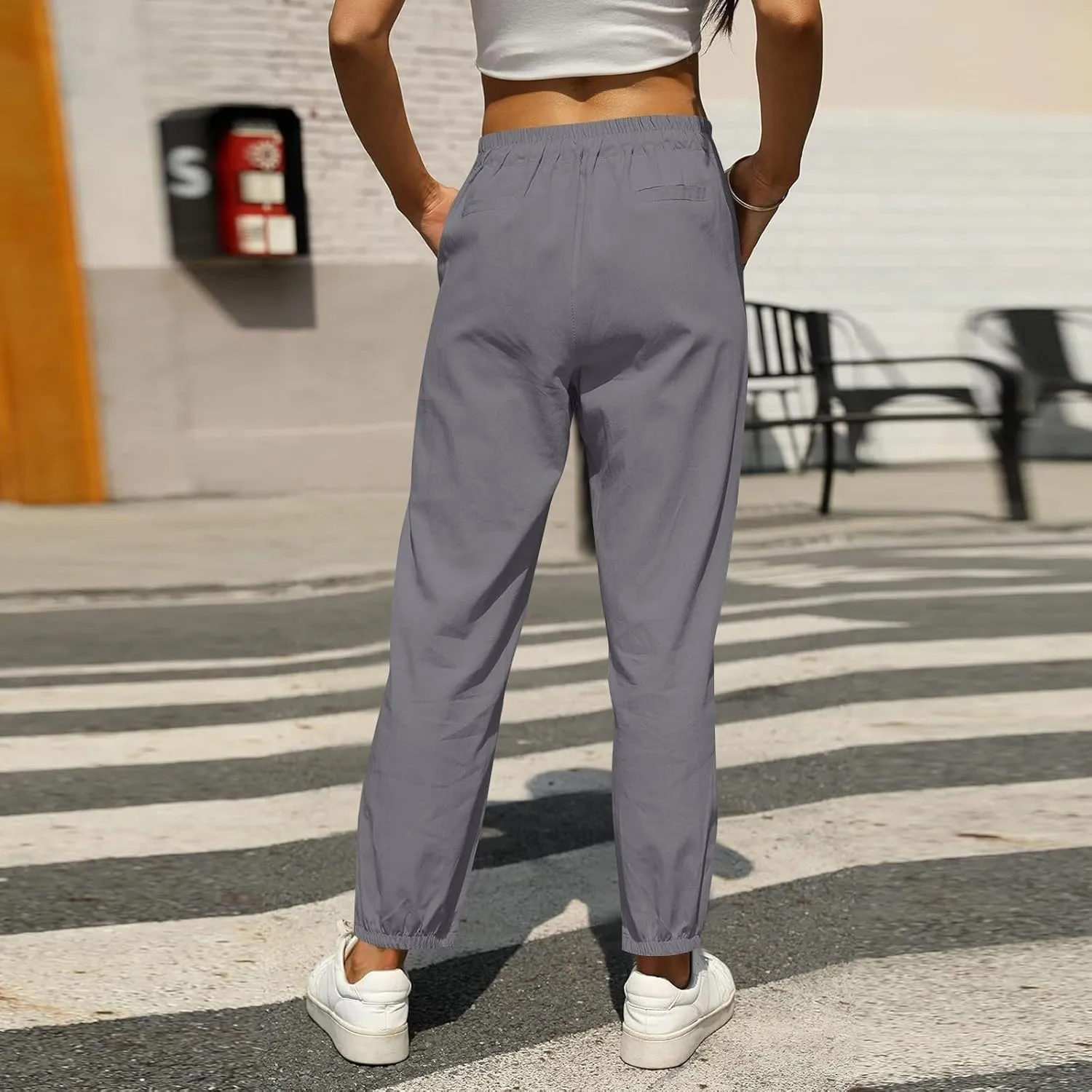 Womens Linen Pants Casual Summer High Waisted Drawstring Tapered Pants Baggy Sweatpants with Pockets Travel Trousers
