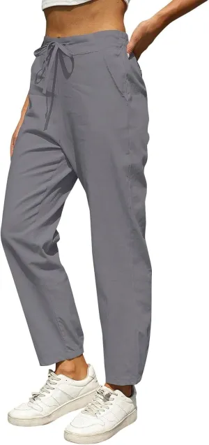 Womens Linen Pants Casual Summer High Waisted Drawstring Tapered Pants Baggy Sweatpants with Pockets Travel Trousers