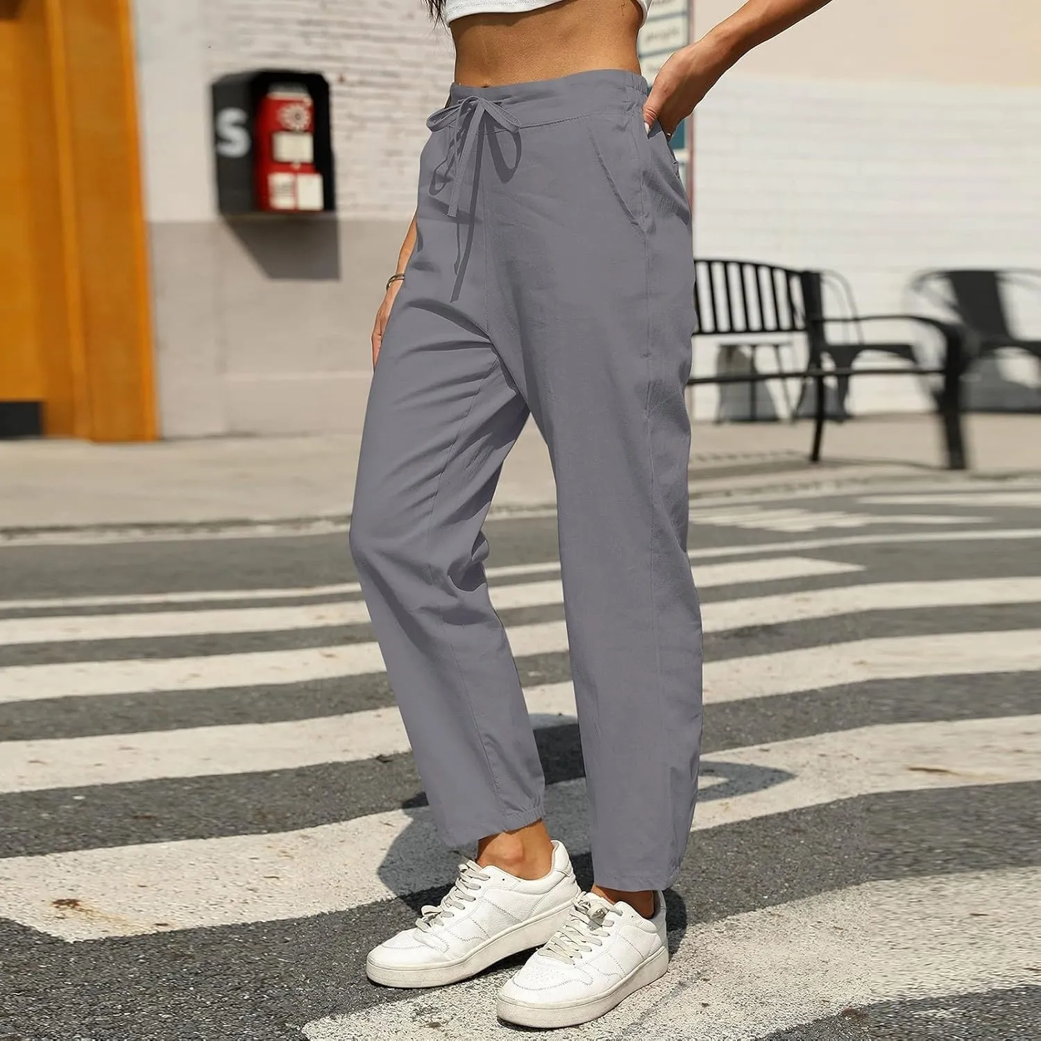 Womens Linen Pants Casual Summer High Waisted Drawstring Tapered Pants Baggy Sweatpants with Pockets Travel Trousers