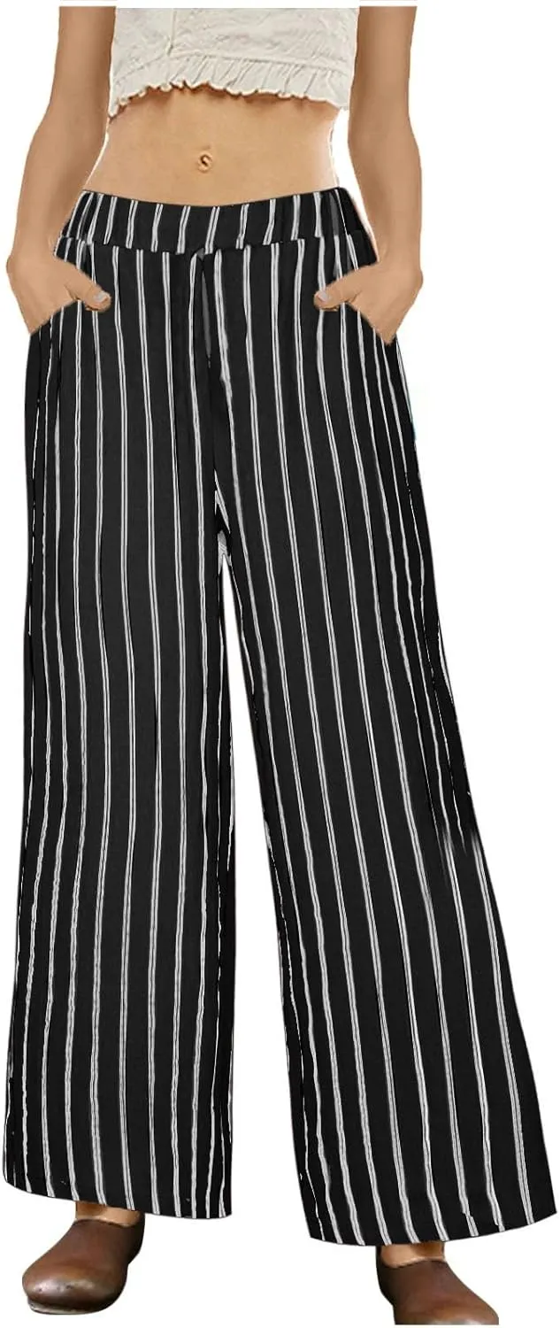 Womens Linen Pants Summer High Waist Striped Wide Leg Palazzo Boho Casual Lightweight Beach Trousers with Pockets