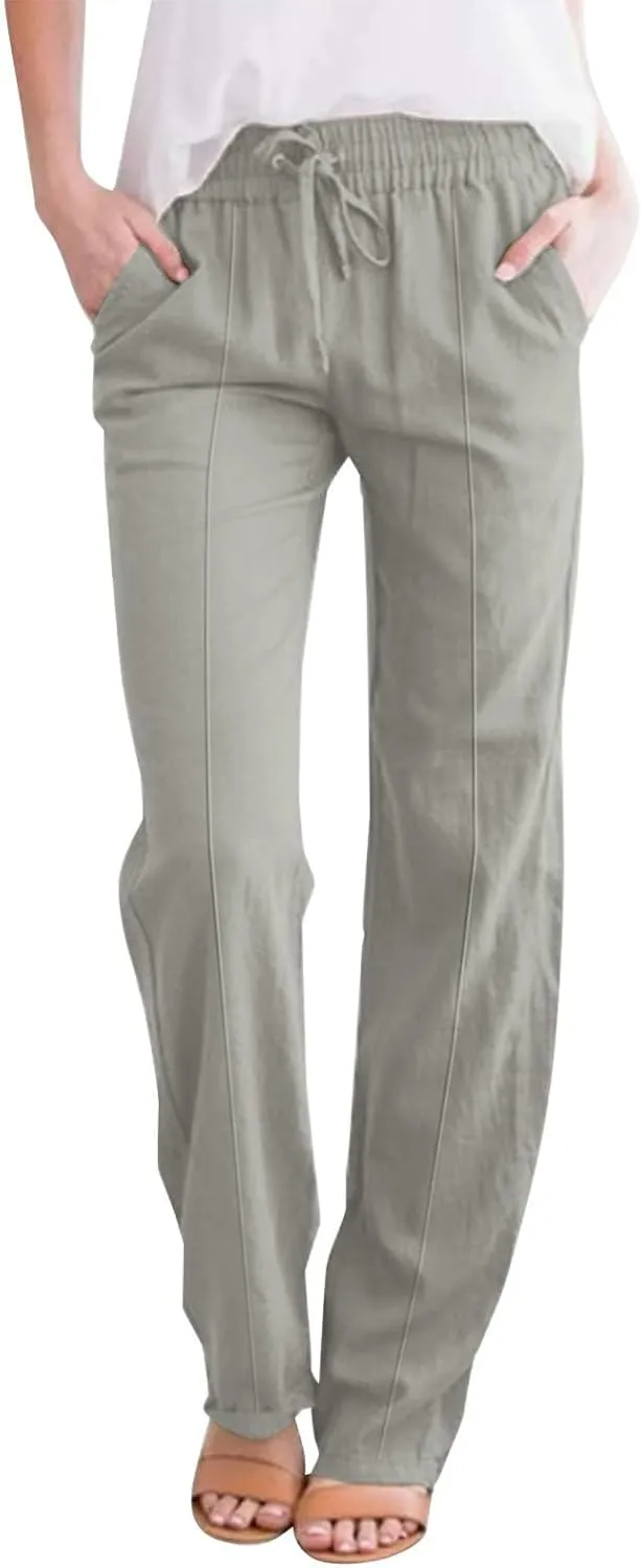 Women's Linen Pants Women's Relax Fit Linen Pants - Lightweight Summer Casual Trousers with Elastic Waist