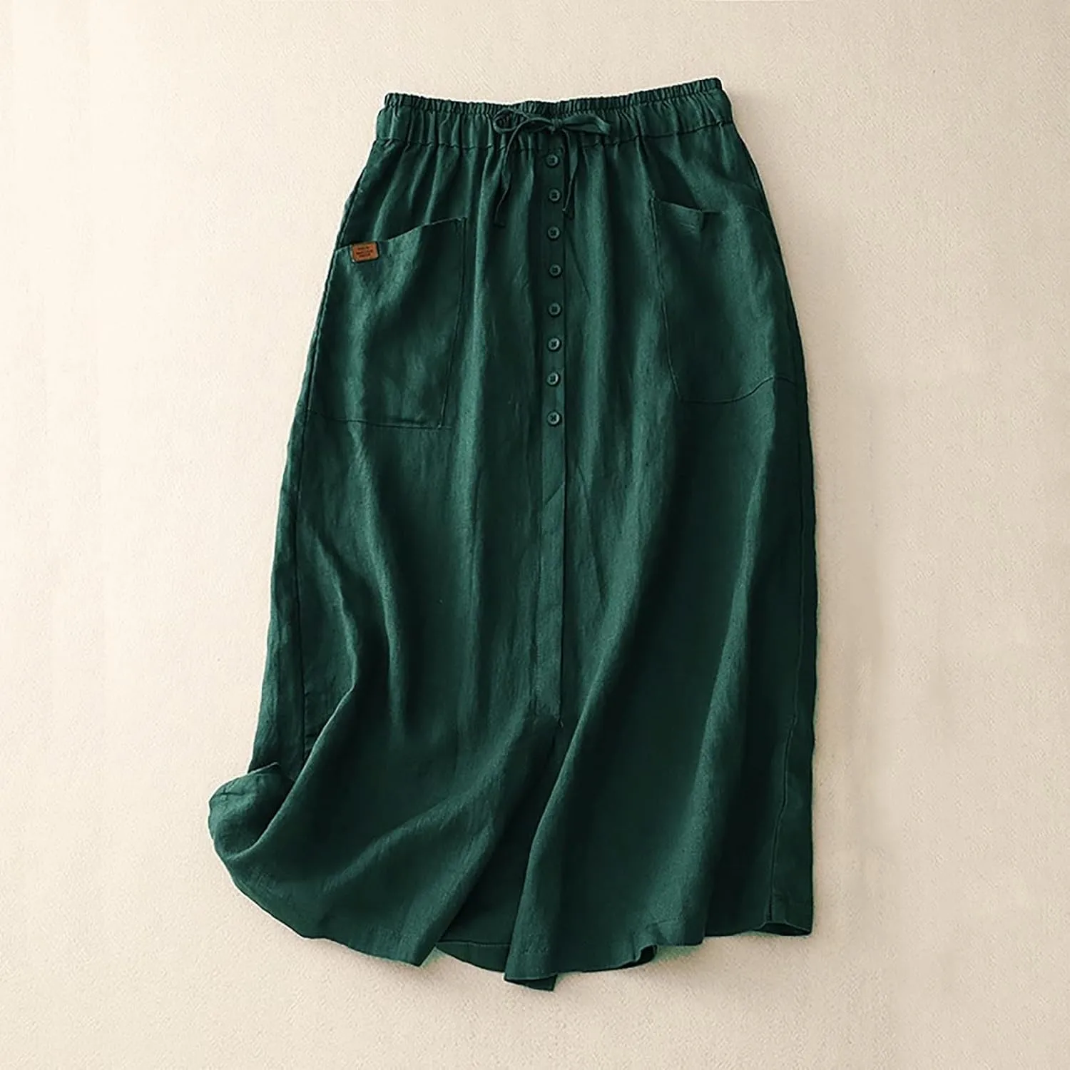 Women's Linen Skirts Summer Casual High Waisted Drawstring Midi Skirt Retro Solid Boho Dress Trendy Loose Outfits