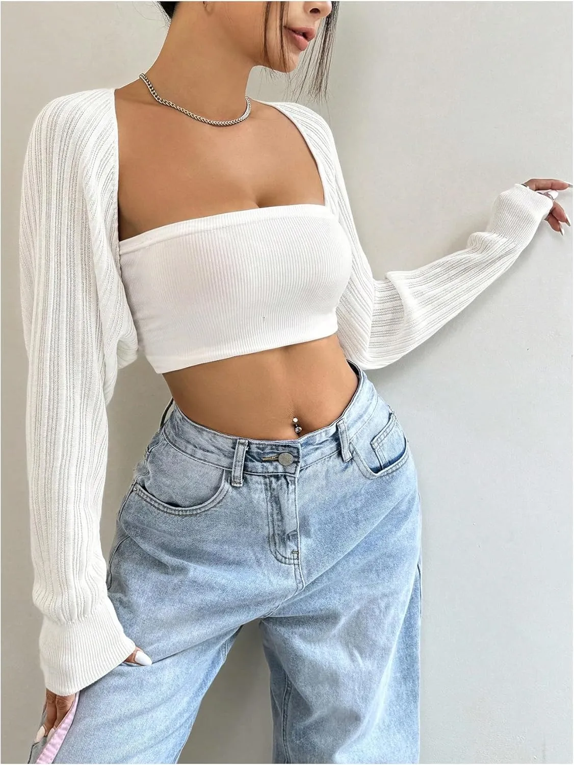 Women's Long Sleeve Open Front Crop Cardigan Drop Shoulder Bolero Shrug Lightweight Sweater