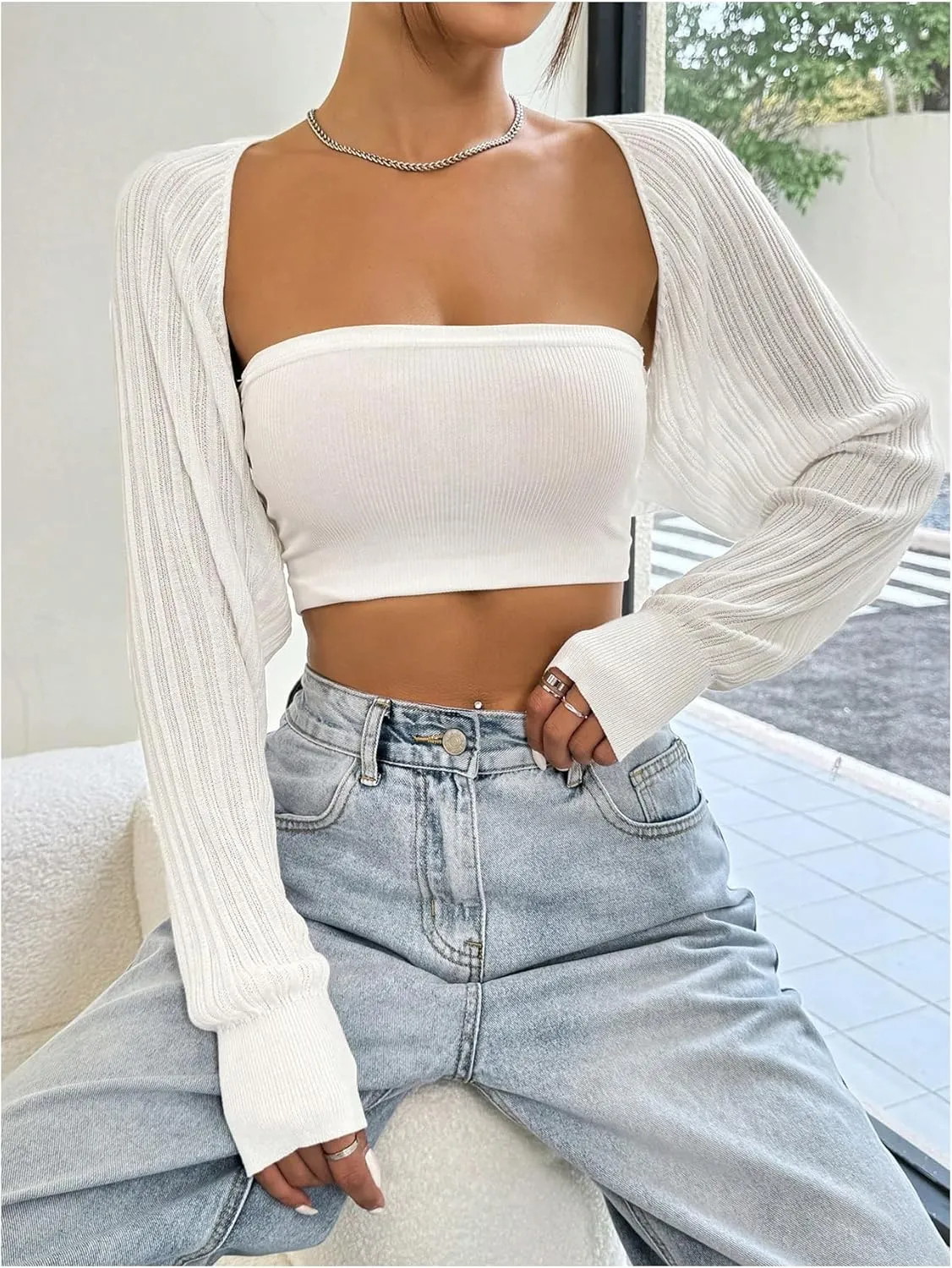 Women's Long Sleeve Open Front Crop Cardigan Drop Shoulder Bolero Shrug Lightweight Sweater
