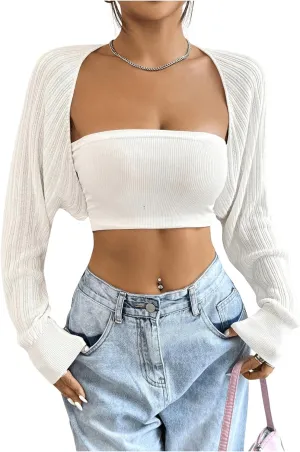 Women's Long Sleeve Open Front Crop Cardigan Drop Shoulder Bolero Shrug Lightweight Sweater