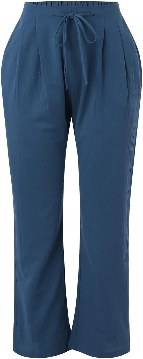 Womens Loose Capri Pants Cotton Linen Casual High Waisted Solid Harem Lightweight Office Trousers with Pockets