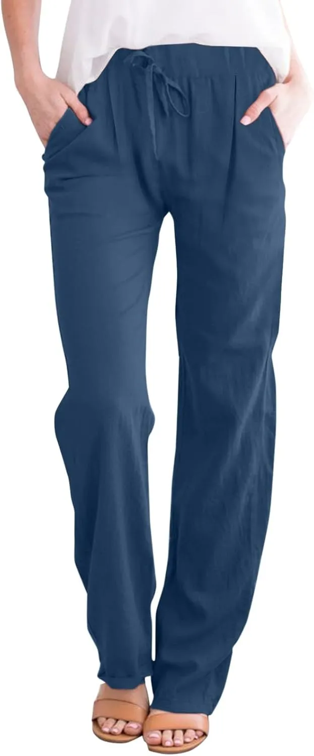 Womens Loose Capri Pants Cotton Linen Casual High Waisted Solid Harem Lightweight Office Trousers with Pockets