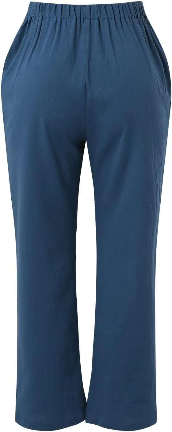 Womens Loose Capri Pants Cotton Linen Casual High Waisted Solid Harem Lightweight Office Trousers with Pockets
