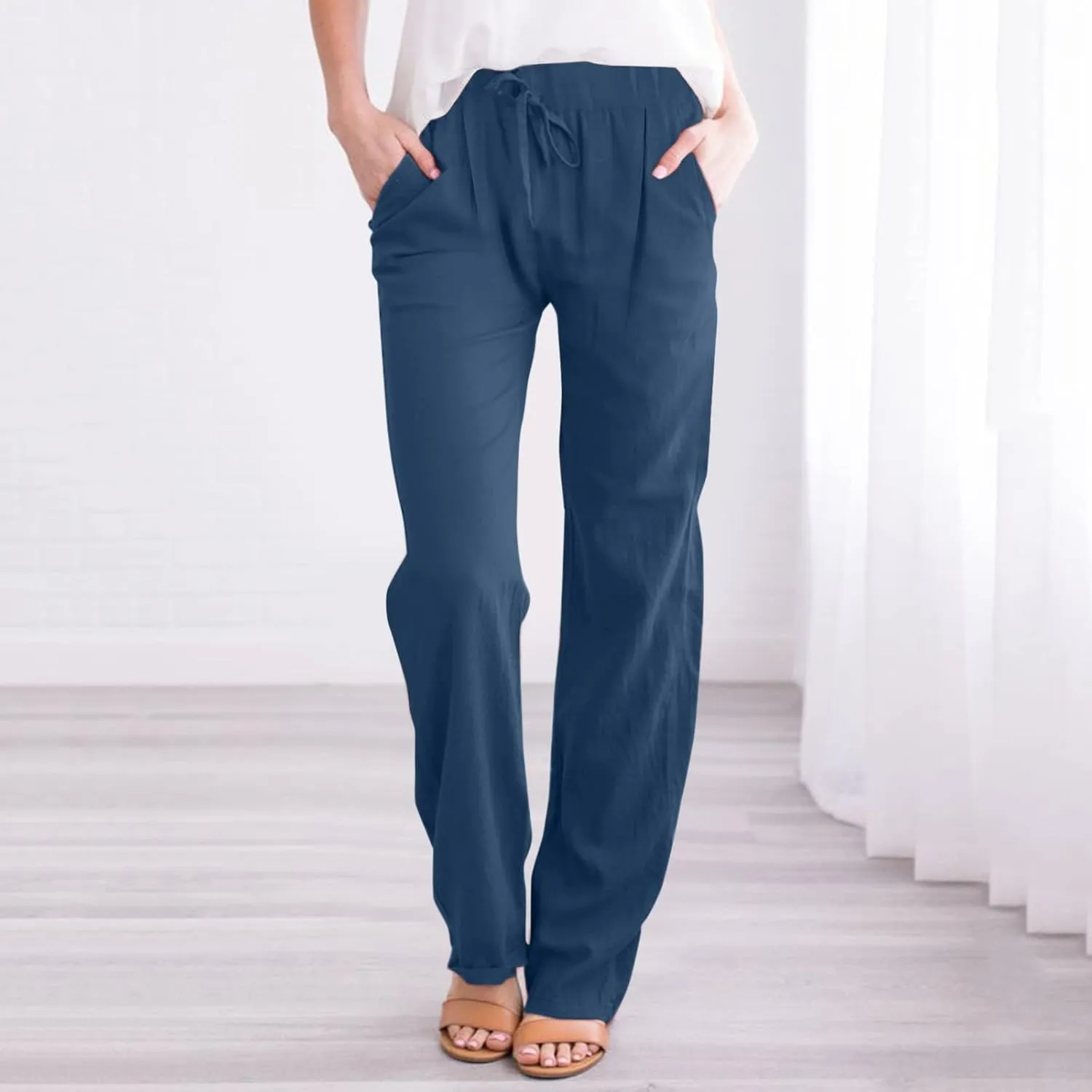Womens Loose Capri Pants Cotton Linen Casual High Waisted Solid Harem Lightweight Office Trousers with Pockets
