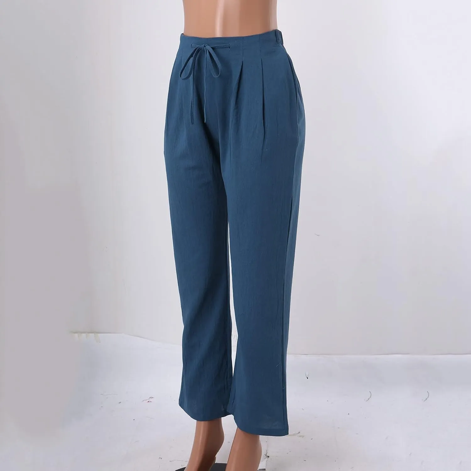 Womens Loose Capri Pants Cotton Linen Casual High Waisted Solid Harem Lightweight Office Trousers with Pockets
