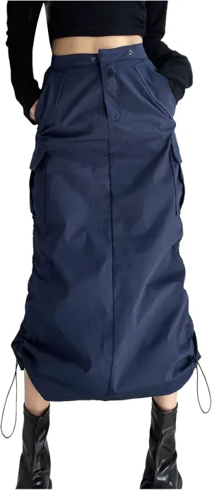 Women's Loose Casual Quick Drying Pleated Drawcord Work Suit Split Skirt Summer Midi Plus Size Skirts for (Navy-B, M)