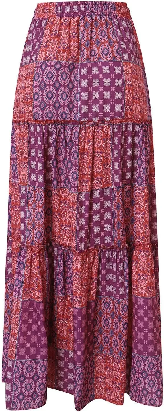 Womens Loose Long Boho Flowers High Elastic Waist with Pockets and Belt Maxi Skirt Pleated Skirt Midi Skirt with