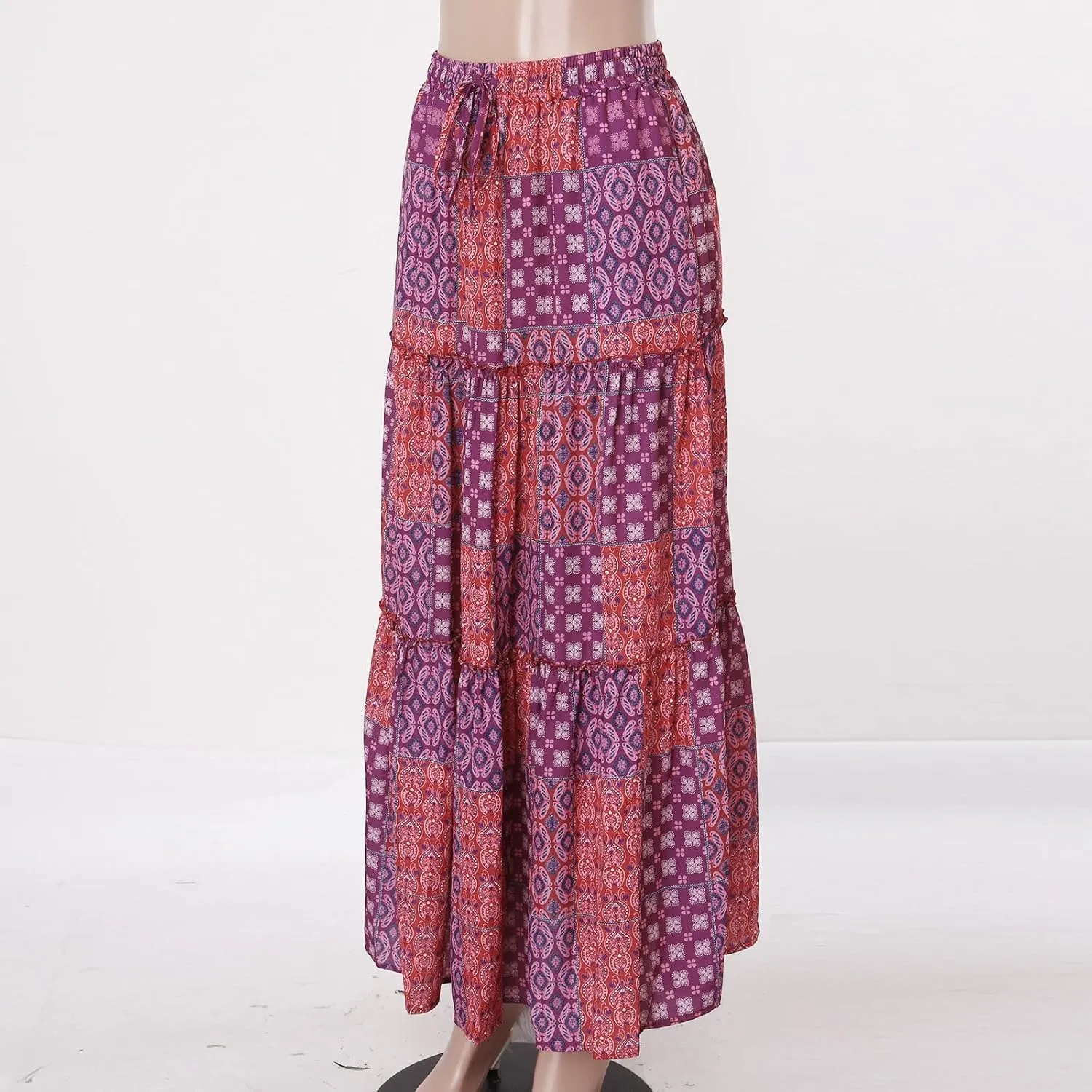 Womens Loose Long Boho Flowers High Elastic Waist with Pockets and Belt Maxi Skirt Pleated Skirt Midi Skirt with