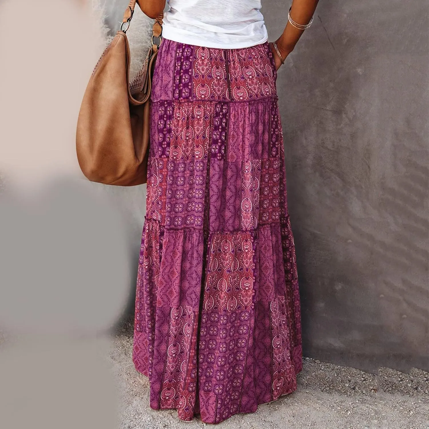 Womens Loose Long Boho Flowers High Elastic Waist with Pockets and Belt Maxi Skirt Pleated Skirt Midi Skirt with