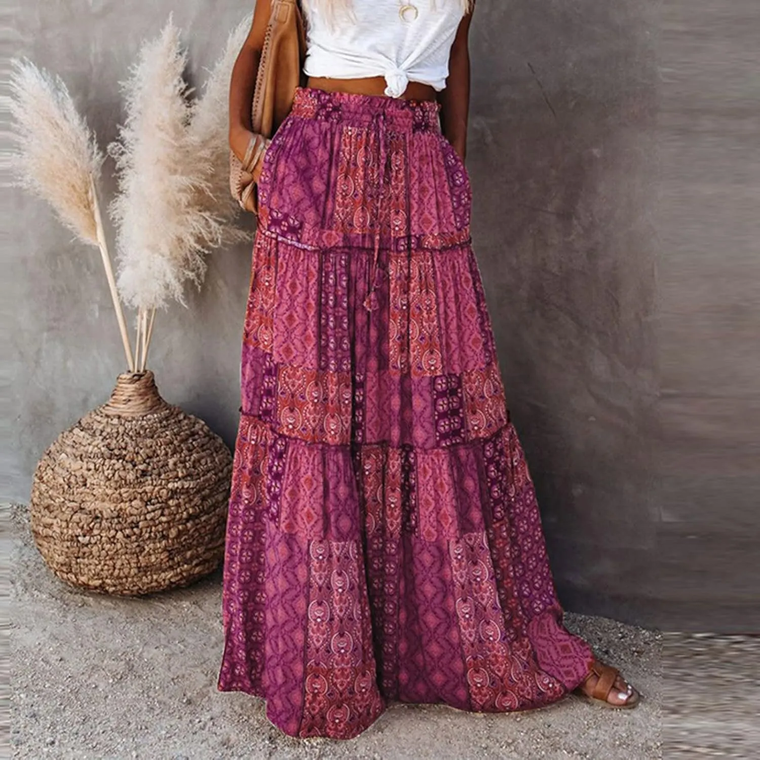 Womens Loose Long Boho Flowers High Elastic Waist with Pockets and Belt Maxi Skirt Pleated Skirt Midi Skirt with