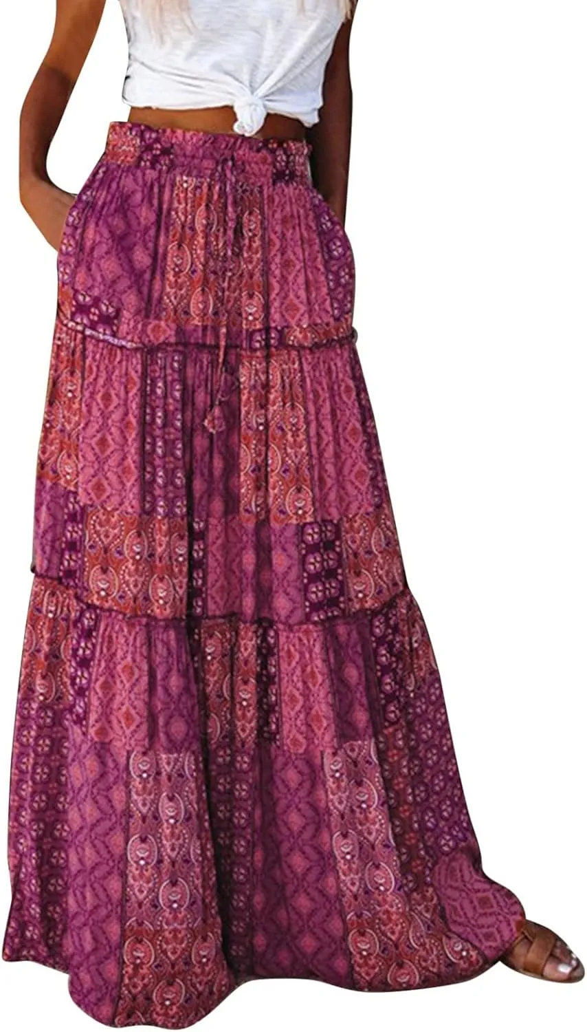 Womens Loose Long Boho Flowers High Elastic Waist with Pockets and Belt Maxi Skirt Pleated Skirt Midi Skirt with