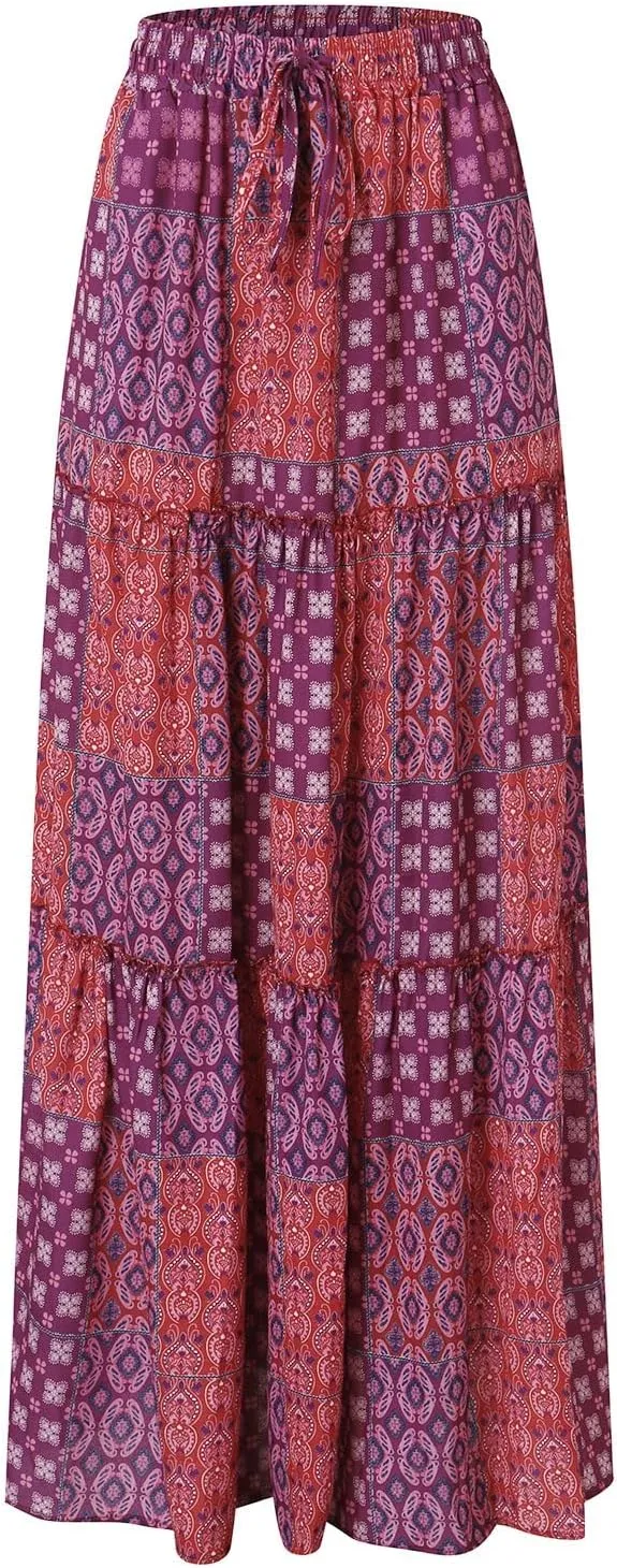 Womens Loose Long Boho Flowers High Elastic Waist with Pockets and Belt Maxi Skirt Pleated Skirt Midi Skirt with