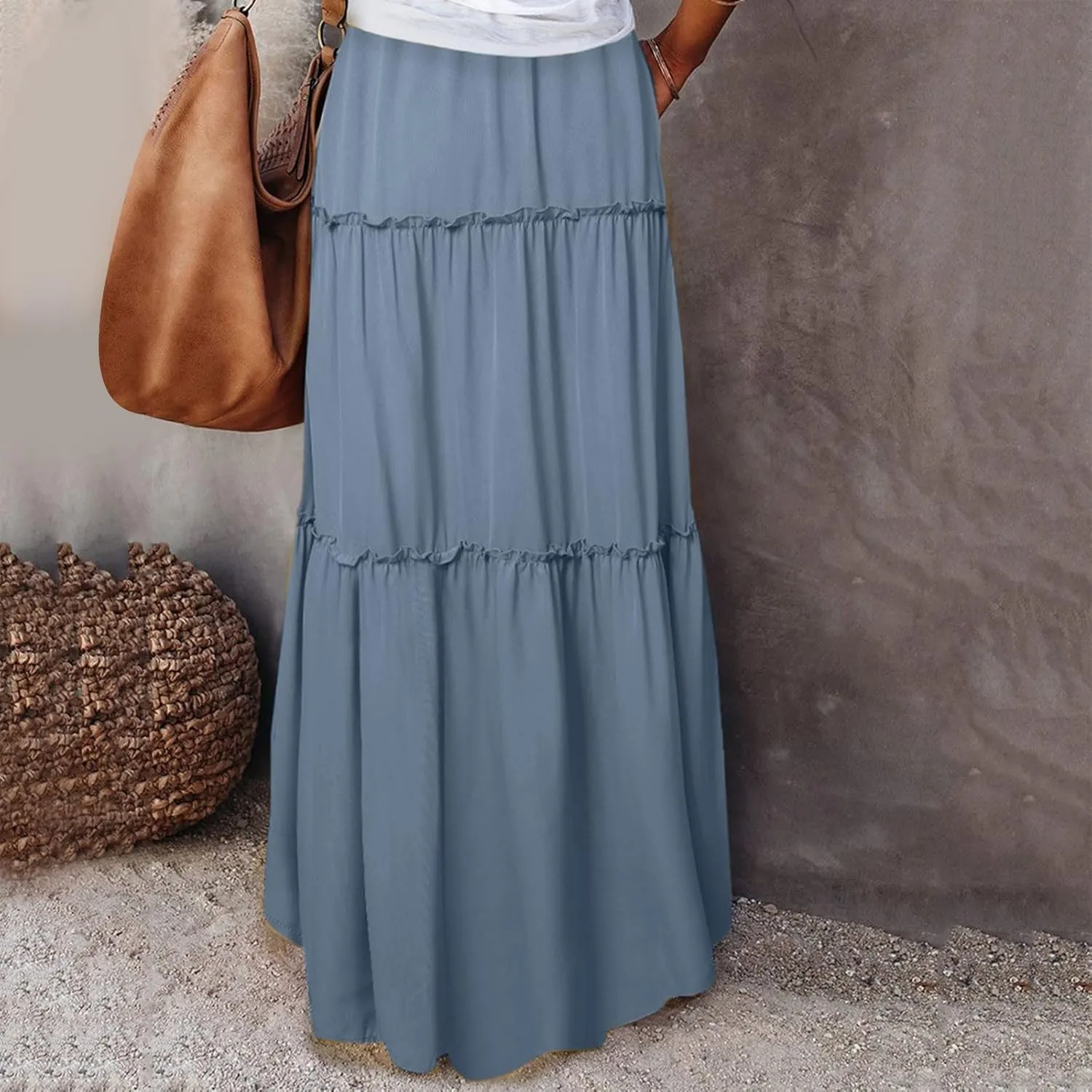Womens Loose Long High Elastic Waist with Pockets and Belt Maxi Skirt Pleated Skirt Beach Skirt Pocket Pencil