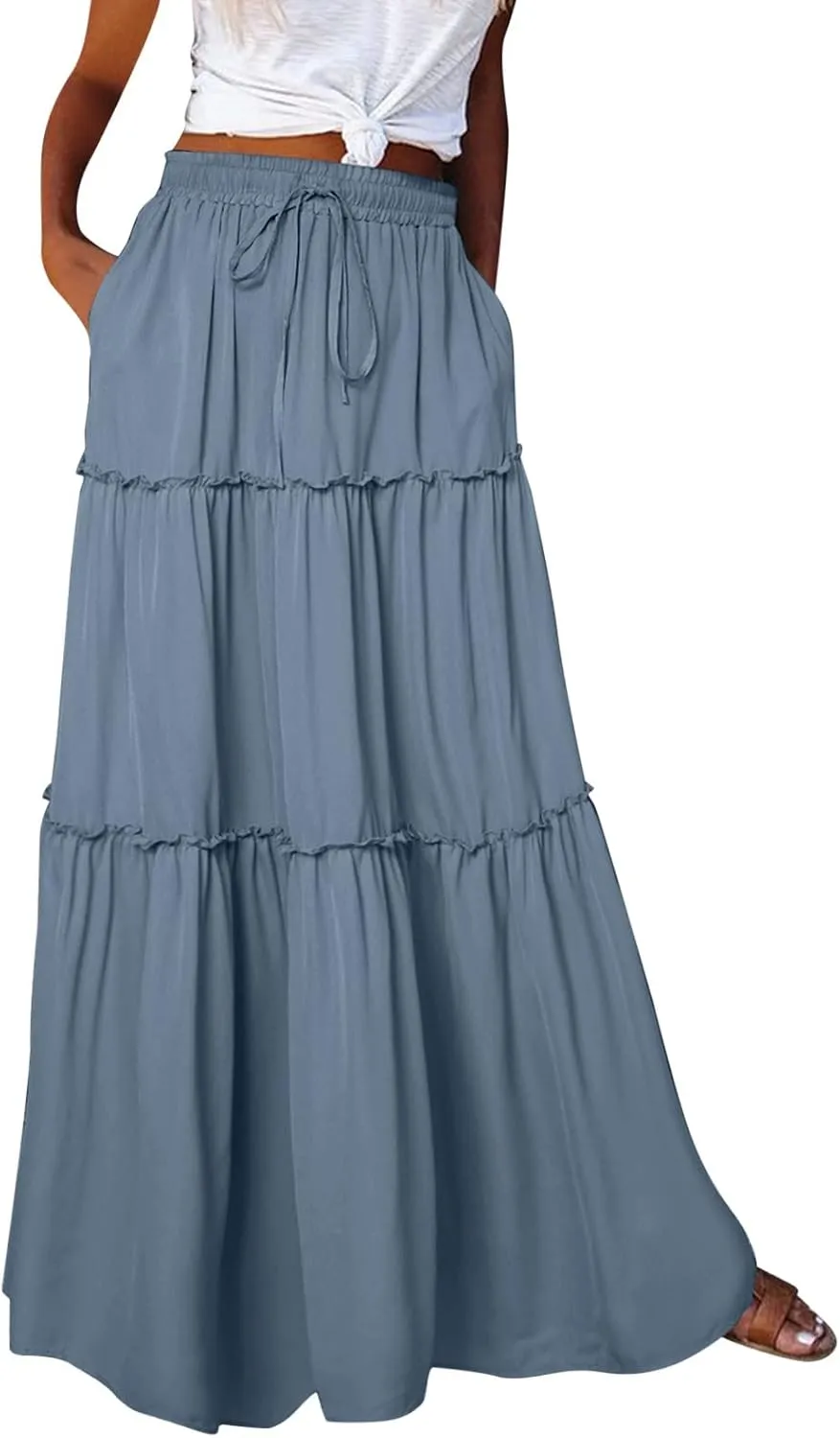Womens Loose Long High Elastic Waist with Pockets and Belt Maxi Skirt Pleated Skirt Beach Skirt Pocket Pencil