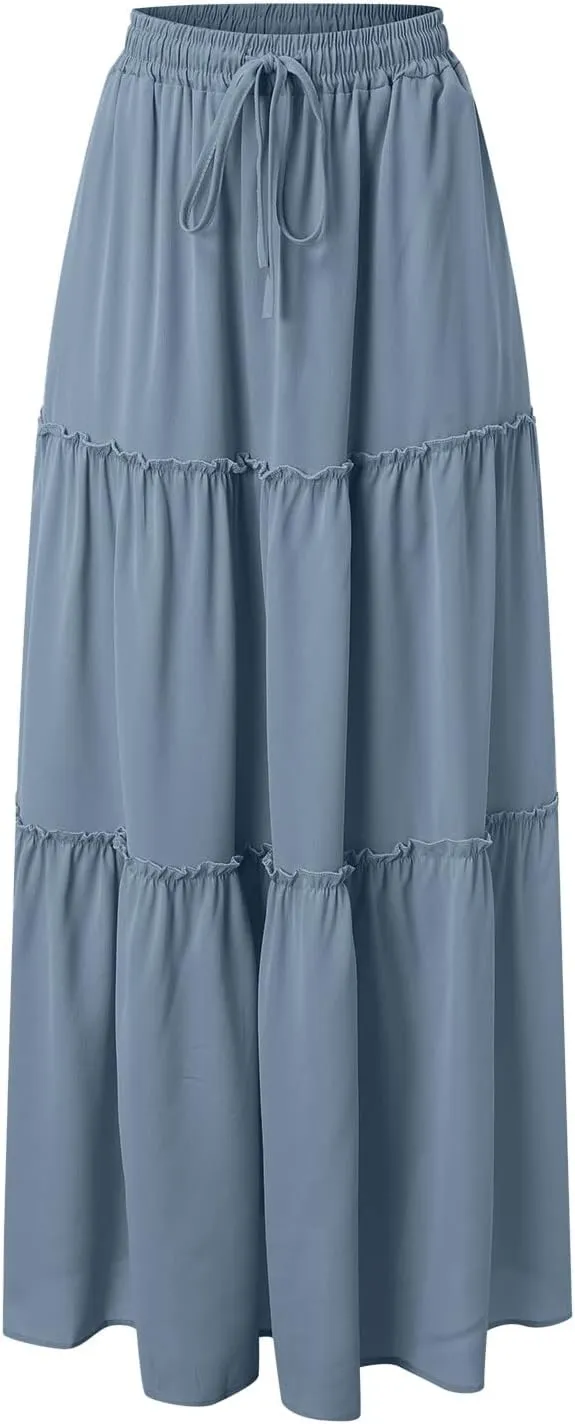 Womens Loose Long High Elastic Waist with Pockets and Belt Maxi Skirt Pleated Skirt Beach Skirt Pocket Pencil