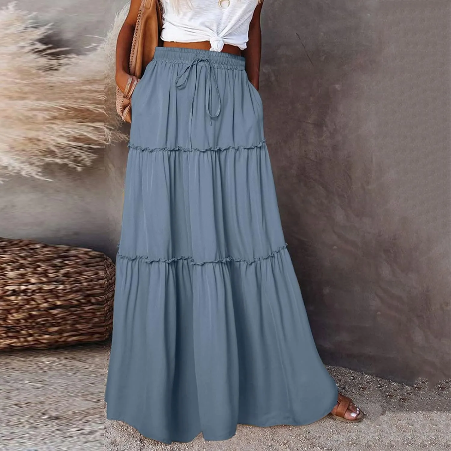 Womens Loose Long High Elastic Waist with Pockets and Belt Maxi Skirt Pleated Skirt Beach Skirt Pocket Pencil