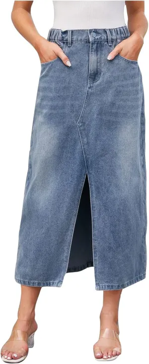 Womens Midi Length Jean Skirt Front Slit Thigh Denim Skirt Elastic High Waist Casual Summer A-line Skirt with Pocket