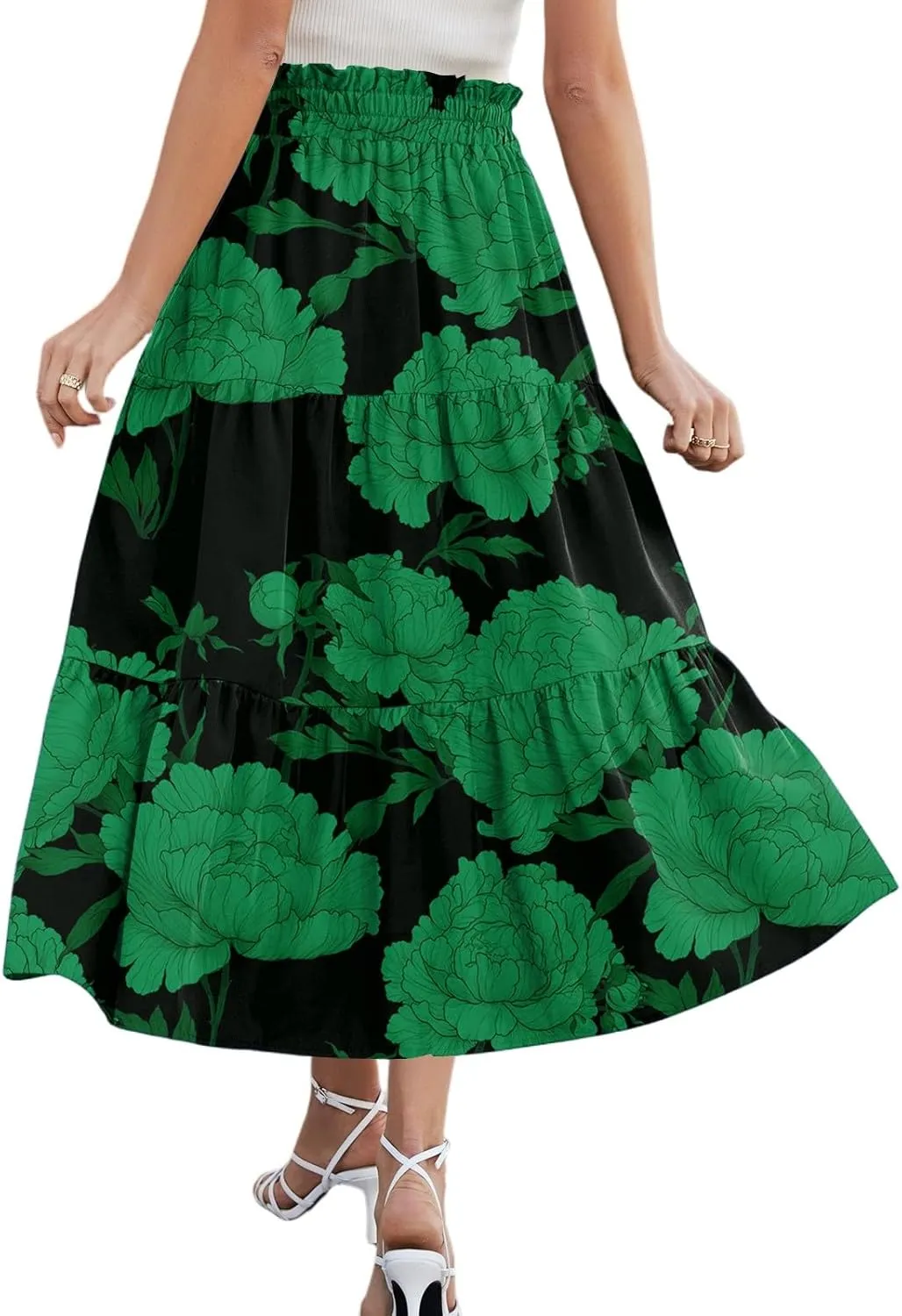 Womens Midi Skirts with Pockets 2025 Summer Long High Elastic Waist Beach Boho Flowy Ruffle A-Line Retro Floral Maxi Skirt
