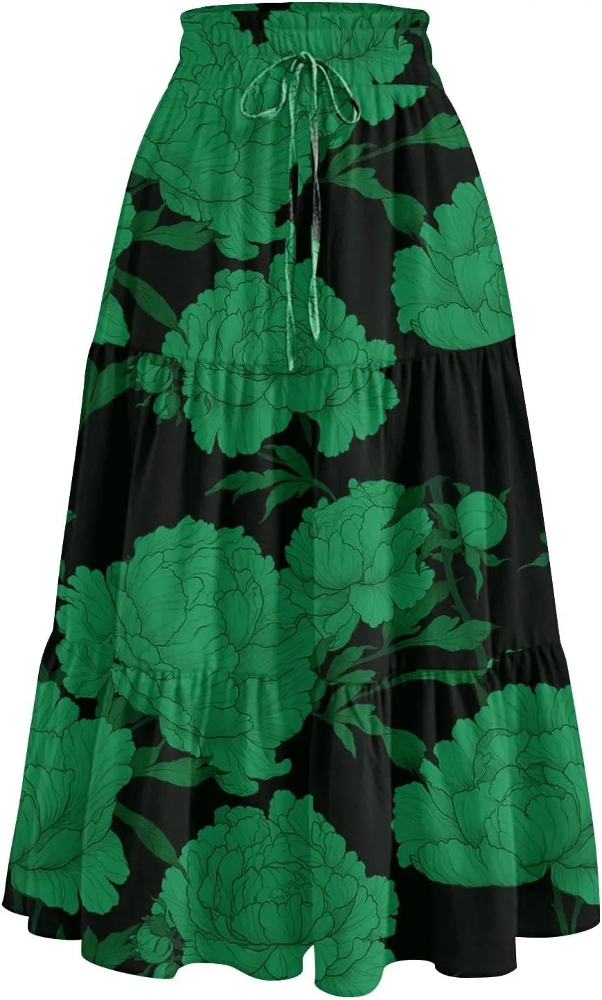 Womens Midi Skirts with Pockets 2025 Summer Long High Elastic Waist Beach Boho Flowy Ruffle A-Line Retro Floral Maxi Skirt