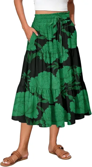 Womens Midi Skirts with Pockets 2025 Summer Long High Elastic Waist Beach Boho Flowy Ruffle A-Line Retro Floral Maxi Skirt
