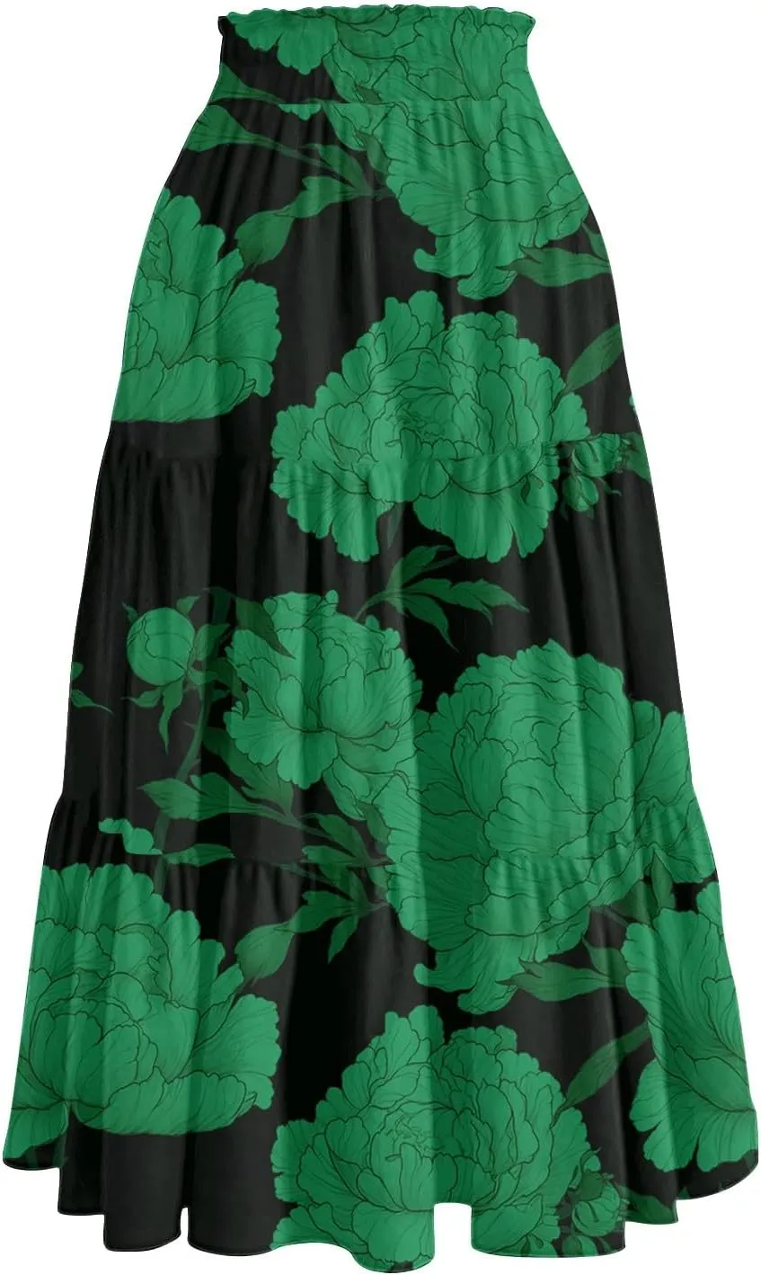 Womens Midi Skirts with Pockets 2025 Summer Long High Elastic Waist Beach Boho Flowy Ruffle A-Line Retro Floral Maxi Skirt