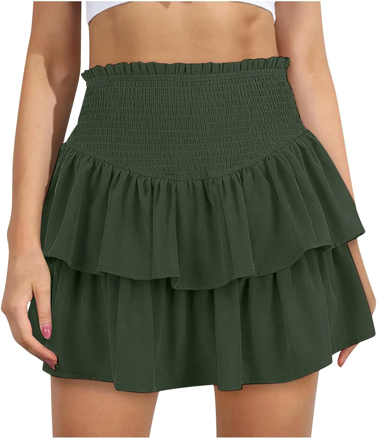 Women's Mini Skirt Elastic High Waist Pleated Skirt Double Layered Ruffle Short Skirt Cute Tiered Sports Skirt